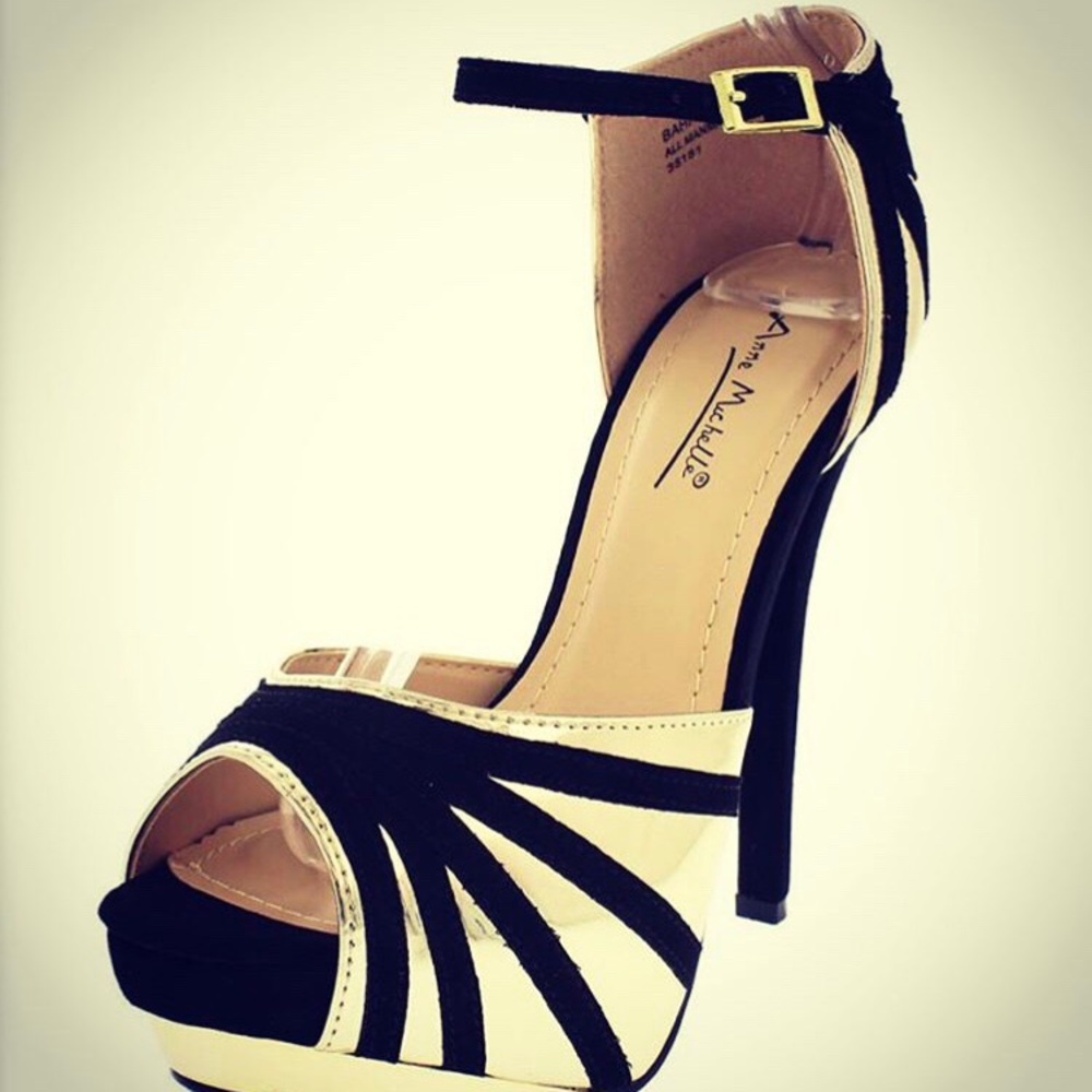 Gold and black open toe stilettos